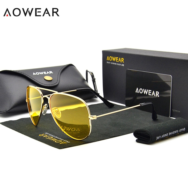 AOWEAR Brand 3025 Goggles Vision Night Glasses for Driving Polarized Aviation Yellow Sunglasses Men Night Vision Pilot Eyewear