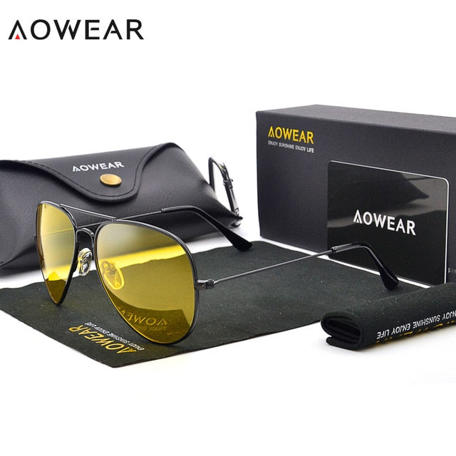 AOWEAR Brand 3025 Goggles Vision Night Glasses for Driving Polarized Aviation Yellow Sunglasses Men Night Vision Pilot Eyewear
