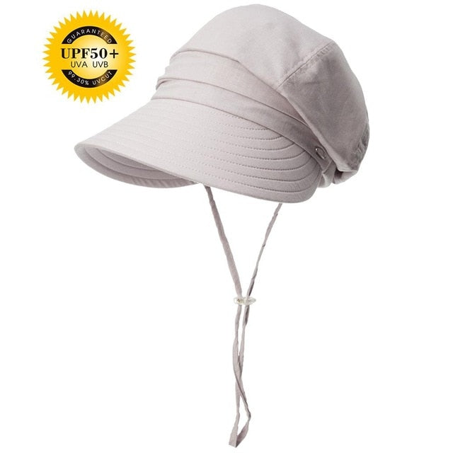 FANCET Women Summer Sun Hat Visor Linen Bucket Caps Packable Wide Brim UPF50+ UB Cap Windproof Chin Strap Fashion 89033