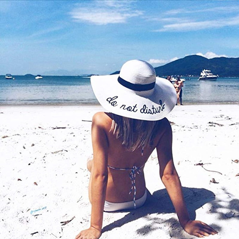 Summer Womens Wide Brim do not diaturb Sun Hat Embroidery Straw Cap Floppy Foldable Roll up Cap Beach Sun Hat