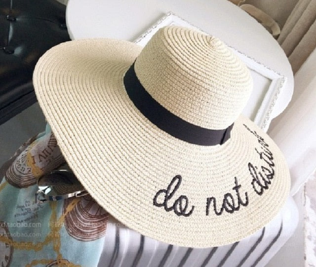 Summer Womens Wide Brim do not diaturb Sun Hat Embroidery Straw Cap Floppy Foldable Roll up Cap Beach Sun Hat