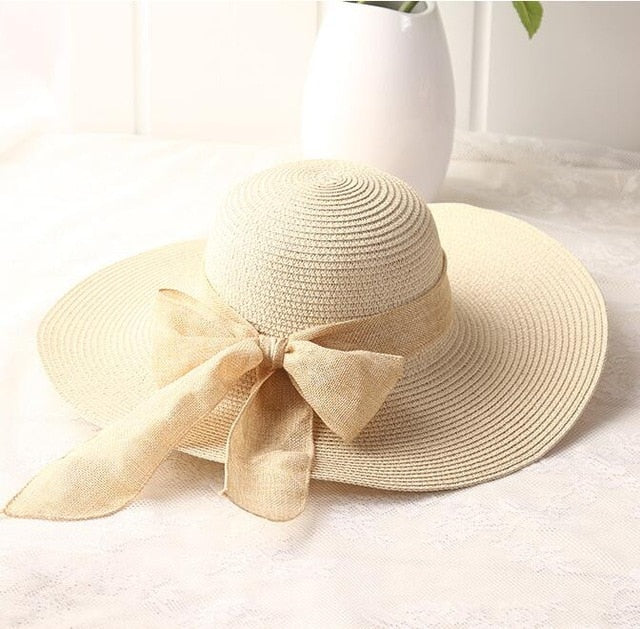 USPOP 2019 fashion women sun hats hand made straw hat female ribbon bow-knot wide brim beach hat casual summer shade anti uv cap