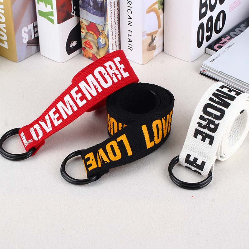 Women Harajuku Belt Red Letter Printed Fashion Unisex Double D Ring Canvas Strap Female Long Belts For Jeans Love Me More