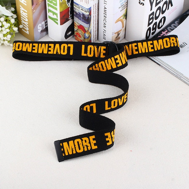 Women Harajuku Belt Red Letter Printed Fashion Unisex Double D Ring Canvas Strap Female Long Belts For Jeans Love Me More