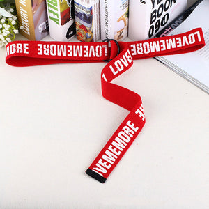 Women Harajuku Belt Red Letter Printed Fashion Unisex Double D Ring Canvas Strap Female Long Belts For Jeans Love Me More