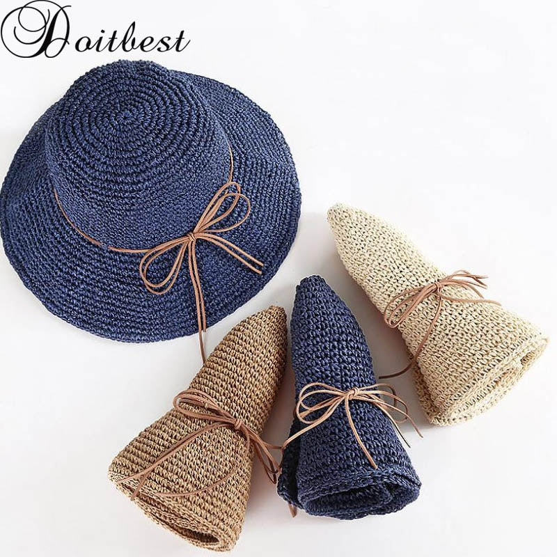 Doitbest Floppy Simple Women's Straw Hats Summer Sun Hats for Women Lady Beach Hats Wide Brim Foldable sunscreen cap